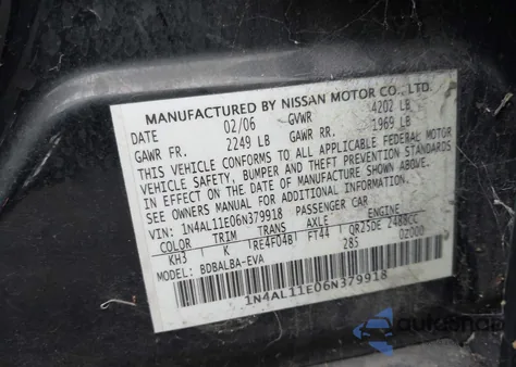 2006 Nissan Altima 2.5 S z USA, uszkodzony, nr VIN 1N4AL11E06N379918